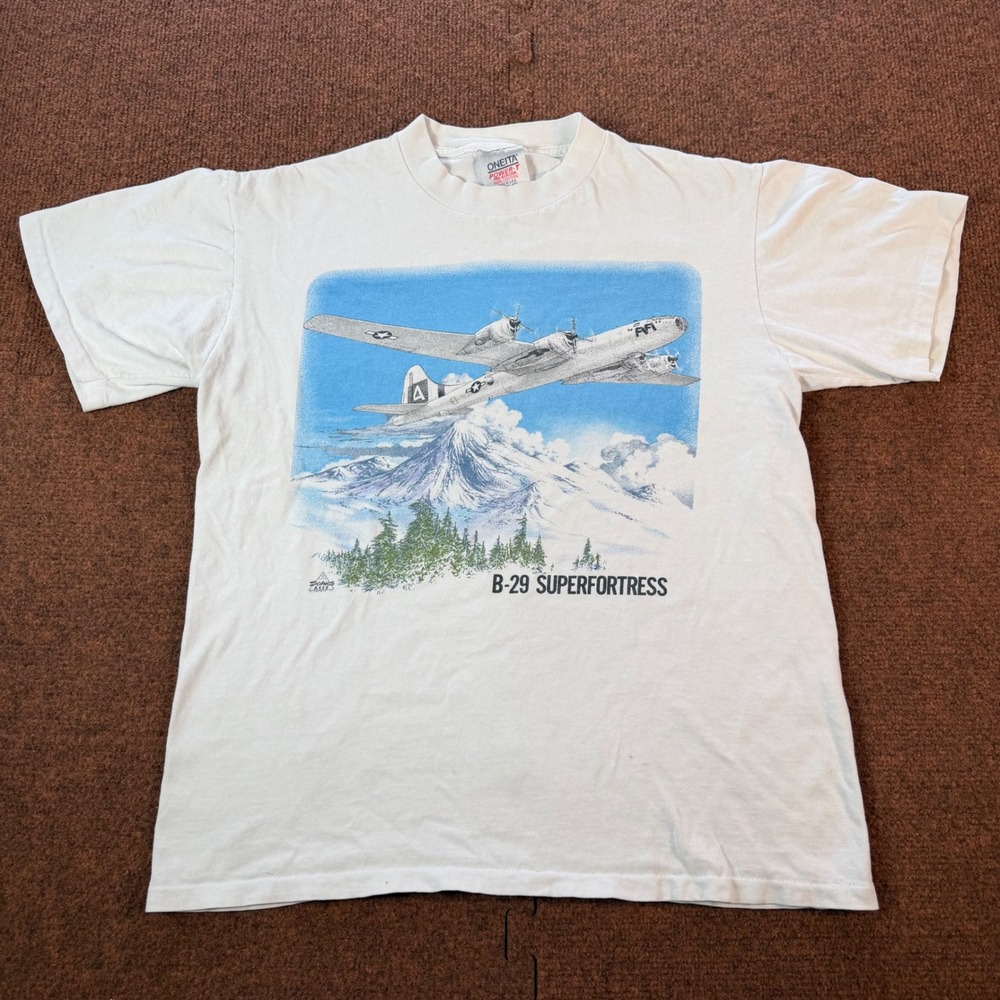 A+ Vintage Oneita B-29 Superfortress FIFI Airplane T-Shirt White Mens Medium USA